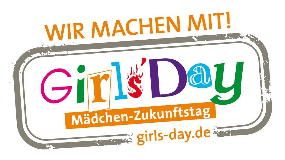 Logo for "Girls' Day" with the German text "Wir machen mit!" and "Mädchen-Zukunftstag".